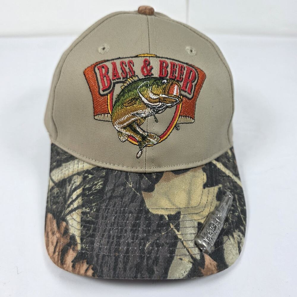 Bass & Beer Fishing Camo Hat With Bottle Cap Opener by Beach Club Promos VTG